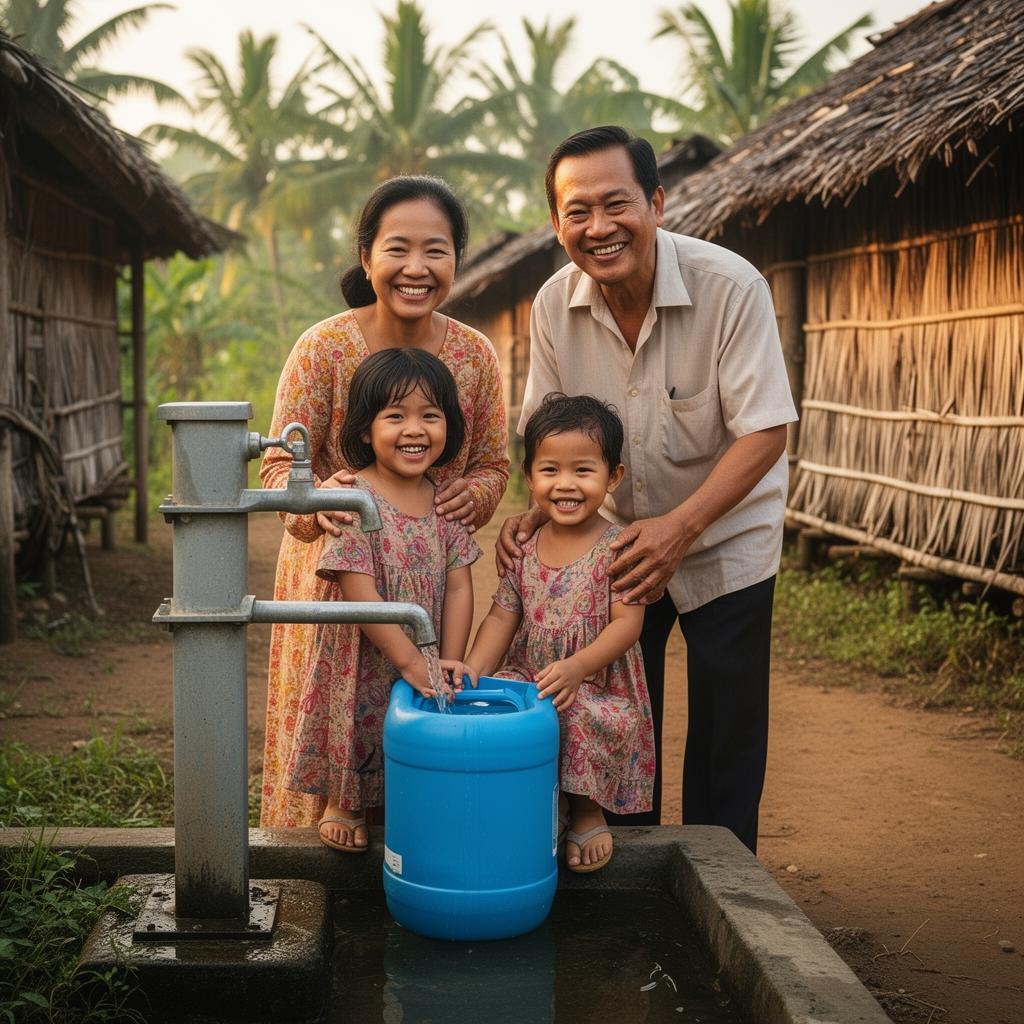 Rural community accessing clean water from a village tap